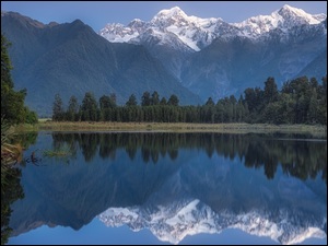 Góry, Drzewa, Nowa Zelandia, Park Narodowy Góry Cooka, Góra Cooka, Jezioro Matheson, Odbicie