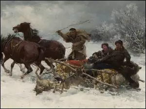 Obraz polskiego malarza Alfreda Wierusza-Kowalskiego Wilki napadające na sanie