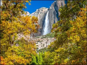 Jesień, Park Narodowy Yosemite, Upper Yosemite Falls, Kalifornia, Góry, Drzewa, Stany Zjednoczone, Wodospad
