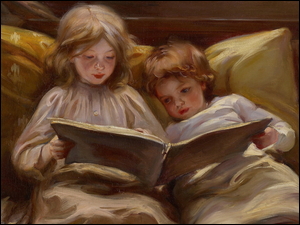 Dzieci czytające książkę nocą na obrazie Laury Muntz Lyall