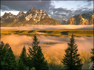 Las, Chmury, Snake River, Mgła, Góry, Stan Wyoming, Drzewa, Park Narodowy Grand Teton, Rzeka, Teton Range, Stany Zjednoczone
