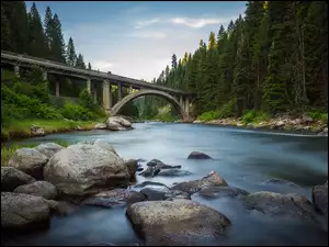 Stany Zjednoczone, Drzewa, Idaho, Most, Rainbow Bridge, Rzeka, Payette River, Las, Kamienie