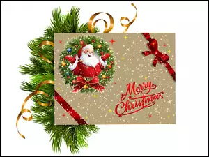 Kartka, Boże Narodzenie, Mikołaj, Merry Christmas, Gałązka, Napis