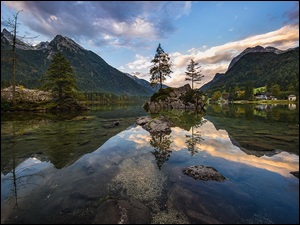 Gmina Berchtesgaden, Góry Alpy, Drzewa, Bawaria, Jezioro Hintersee, Chmury, Niemcy, Skały