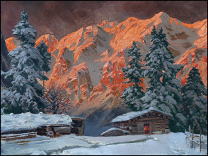 Alois Arnegger, Szopa, Obraz, Drzewa, Malarstwo, Góry, Noc, Dom, Śnieg