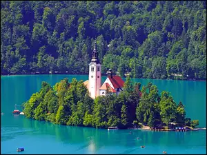 Wyspa, Blejski Otok, Drzewa, Słowenia, Lasy, Jezioro Bled, Kościół Zwiastowania Marii Panny