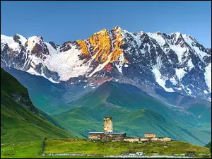 Gruzja, Szczyt Szchara, Megrelia-Górna Swanetia, Lamaria church, Ushguli, Lodowiec, Shkhara Glacier, Góry Kaukaz, Kościół