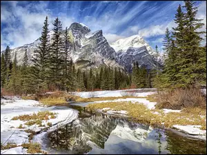 Kanada, Śnieg, Roztopy, Drzewa, Góry, Zima, Góra, Canadian Rockies, Mount Kidd, Alberta