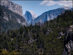Stany Zjednoczone, Sierra Nevada, Kalifornia, Drzewa, Park Narodowy Yosemite, Szczyt, Half Dome, Góry, Skały