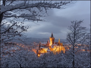 Zamek Wernigerode, Zima, Niemcy, Oświetlony, Powiat Harz, Wernigerode, Drzewa