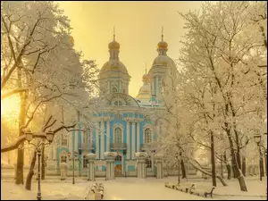 Drzewa, Park, Rosja, Zima, Petersburg, Katedra Marynarki Wojennej św Mikołaja, Cerkiew