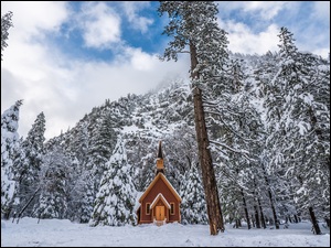 Stany Zjednoczone, Chmury, Park Narodowy Yosemite, Śnieg, Drzewa, Zima, Kościółek, Kaplica, Las, Stan Kalifornia