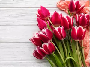 Tulipany i materiał na deskach