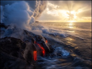 Wschód słońca, Wulkan, Hawaje, Morze, Dym, Ogień, Lawa