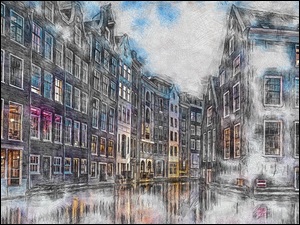 Holandia, Rzeka, Amsterdam, Grafika, Domy