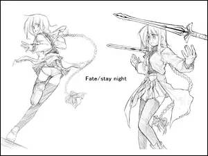 miecze, Fate Stay Night, ołówek, szkic, kobiety