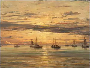 Łódki o zachodzie słońca na obrazie holenderskiego malarza Henrika Willema Mesdaga