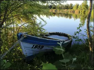 Podtopiona łódka nad brzegiem jeziora
