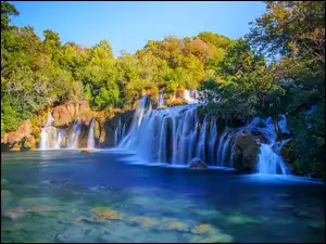 Wodospad, Skradinski Buk waterfall, Chorwacja, Park Narodowy Krka, Lozovac, Promienie słońca, Drzewa