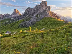 Góra Ra Gusela, Dolomity, Włochy, Góry, Belluno, Łąka, Droga