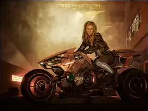 Kobieta na motocyklu w grze Cyberpunk 2077