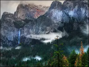Lasy, Park Narodowy Yosemite, Wodospad, Kalifornia, Góry Sierra Nevada, Drzewa, Stany Zjednoczone, Mgła