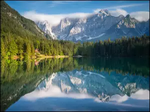 Lake Fusine, Las, Alpy Julijskie, Odbicie, Drzewa, Jezioro, Włochy, Góry