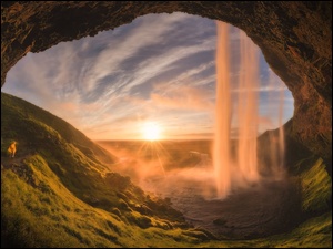 Promienie słońca, Islandia, Skały, Wodospad Seljalandsfoss