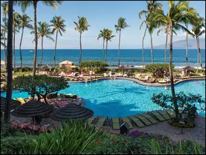 Stany Zjednoczone, Hyatt Regency Maui Resort and Spa, Maui, Hotel, Basen, Morze, Parasole, Palmy, Rośliny, Hawaje