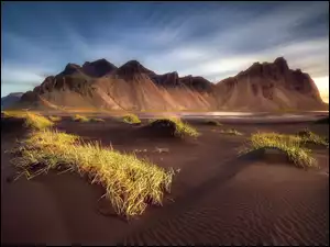 Plaża Stokksnes, Islandia, Góra Vestrahorn, Góry, Trawa