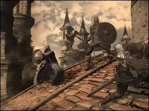 Walczący na dachu rycerze z gry Dark Souls III