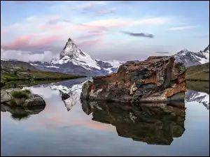 Miejscowość, Góry, Skały, Zermatt, Alpy, Odbicie, Szwajcaria, Szczyt Matterhorn Jezioro Stellisee
