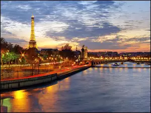 Wieża Eiffla, Most, Oświetlenie, Paryż, Lampy, Ulice, Rzeka