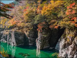 Japonia, Iya Valley, Prefektura Tokushima, Dolina, Skały, Jesień, Kolorowe, Rzeka Iya, Drzewa, Wyspa Sikoku