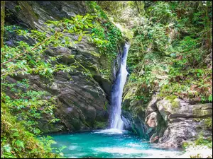 Wodospad, Mitaru Gongen Waterfall, Japonia, Skały, Prefektura Kochi, Rośliny, Rzeka