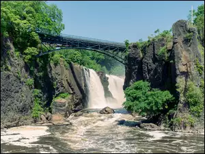 Stany Zjednoczone, Rzeka, Stan New Jersey, Skały, Drzewa, Passaic River, Wodospad, Most, Paterson Great Falls