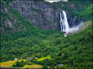 Skała, Góry, Norwegia, Wodospad Feigefossen, Gmina Luster, Domy, Drzewa