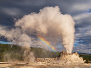 Castle Geyser, Tęcza, Stany Zjednoczone, Gejzer, Park Narodowy Yellowstone, Chmury, Las