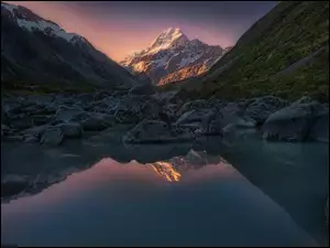 Jezioro, Nowa Zelandia, Skały, Góry, Park Narodowy Góry Cooka