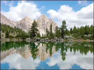 Jezioro, Odbicie, Dolomity, Góry, Drzewa