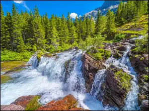Stan Montana, Park Narodowy Glacier, Kamienie, Stany Zjednoczone, Drzewa, Rzeka, Wodospad Redrock Falls