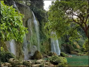 Ban Gioc Waterfall, Wietnam, Wodospad, Skały, Drzewa