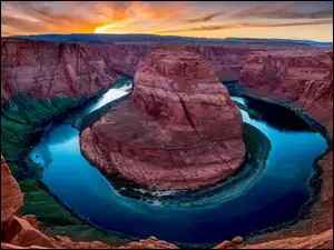 Stany Zjednoczone, Horseshoe Bend, Zachód słońca, Meander, Kanion, Park Narodowy Glen Canyon, Rzeka, Skały, Kolorado River, Arizona