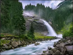 Austria, Drzewa, Kamienie, Krimmler, Wodospad Krimml, Skała, Mgła, Las, Rzeka
