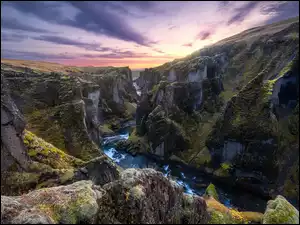 Kanion Fjadrargljufur, Islandia, Góry, Wschód słońca, Rzeka Fjadra
