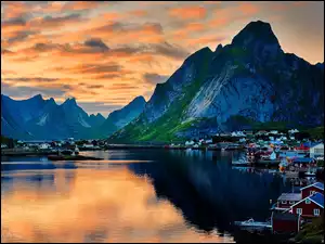 Morze, Lofoty, Odbicie, Norwegia, Reine, Domy, Góra
