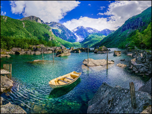 Jezioro Bondhusvatn, Kamienie, Norwegia, Góry, Lasy, Łódka, Skały