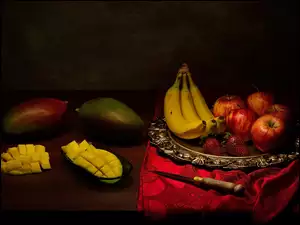 Obrus, Mango, Nóż, Patera, Stół, Banany, Truskawki, Owoce, Jabłka