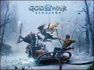 Postaci Kratos, Freya, Atreus na plakacie do gry God of War Ragnarök