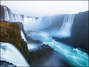 Wodospady Iguazu, Skały, Argentyna, Rzeka Iguazu, Brazylia, Rośliny, Kamienie